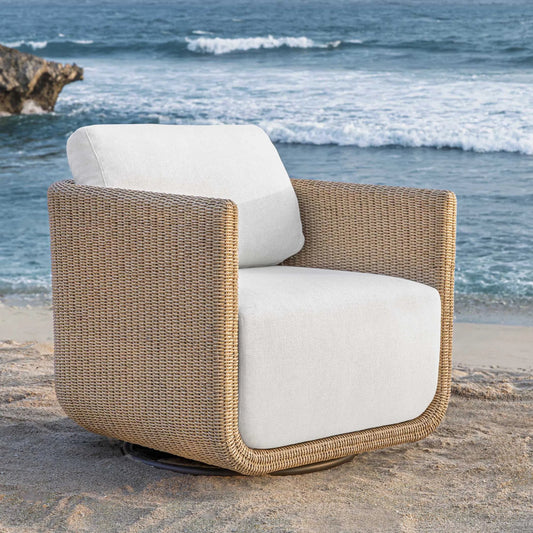 Santorini Outdoor Swivel Lounge Chair by Uttermost in oyster. Made from metal aluminum, wicker k-twisted honey-01 3mm in a unique style.