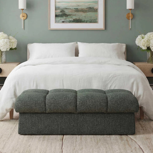 Harlem Moss Lake Bench by Uttermost in green and blue. Made from plywood, hardwood, fabric, foam in a unique style.