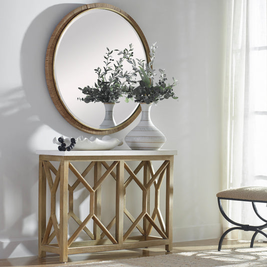 Catali Ivory Stone Console Table by Uttermost. Made from javawood with stone in a cottage & farmhouse style.