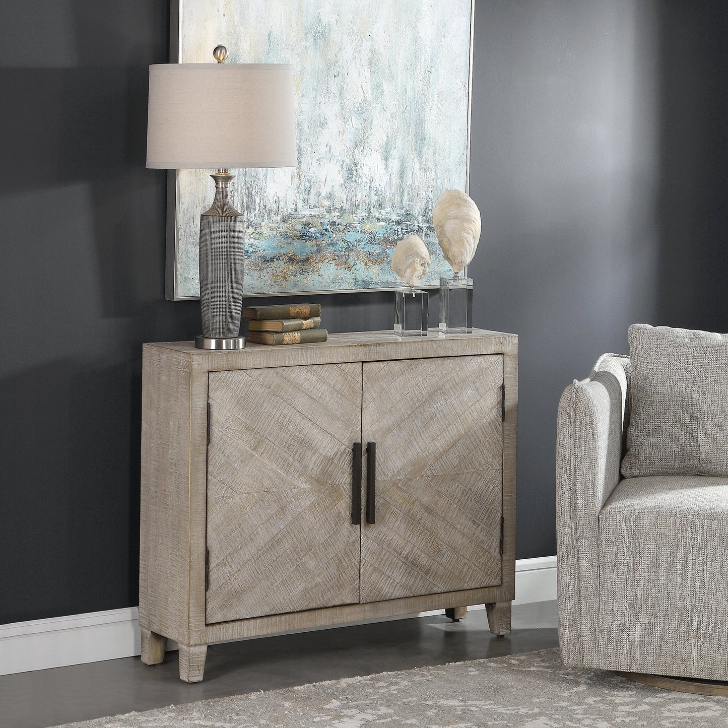 012 S-338748 | Lifestyle | Adalind White Washed Accent Cabinet by Uttermost in white. Made from fir wood, iron, mdf in a modern style.