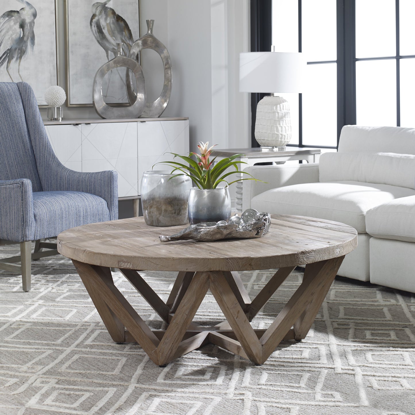 007 SR-766720 | Lifestyle | Kendry Reclaimed Wood Coffee Table by Uttermost. Made from old elm in a modern style.