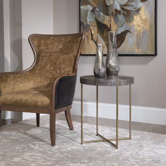 Taja Round Accent Table by Uttermost in dark walnut, gray. Made from stainless steel, acacia veneered mdf top in a modern style.