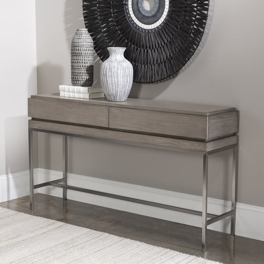 Kamala Console Table by Uttermost in gray. Made from stainless steel, mdf, oak veneer in a modern style.