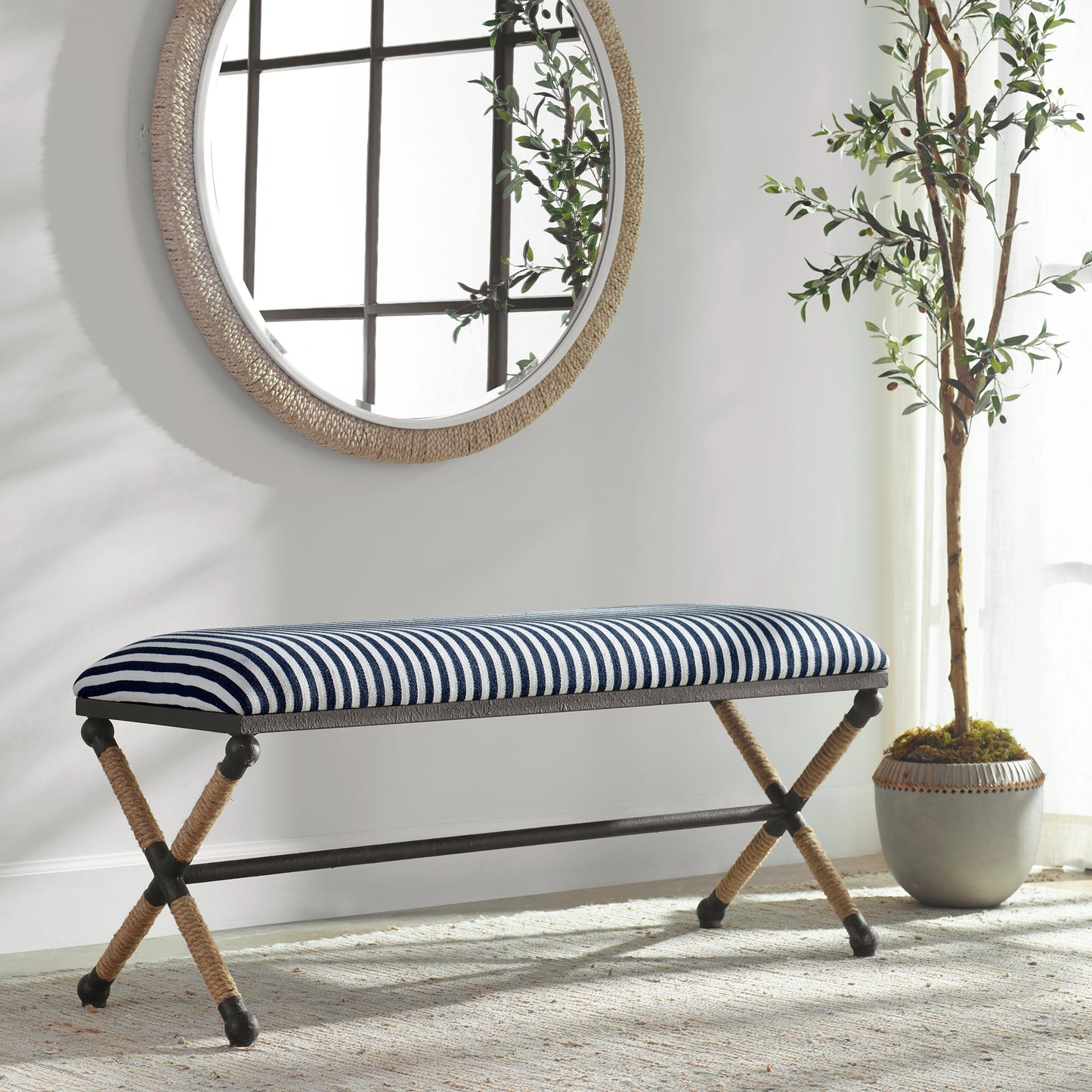 011 SR-766708 | Lifestyle | Braddock Bench by Uttermost in navy, cream. Made from iron, mdf, rope, foam, fabric in a coastal style.