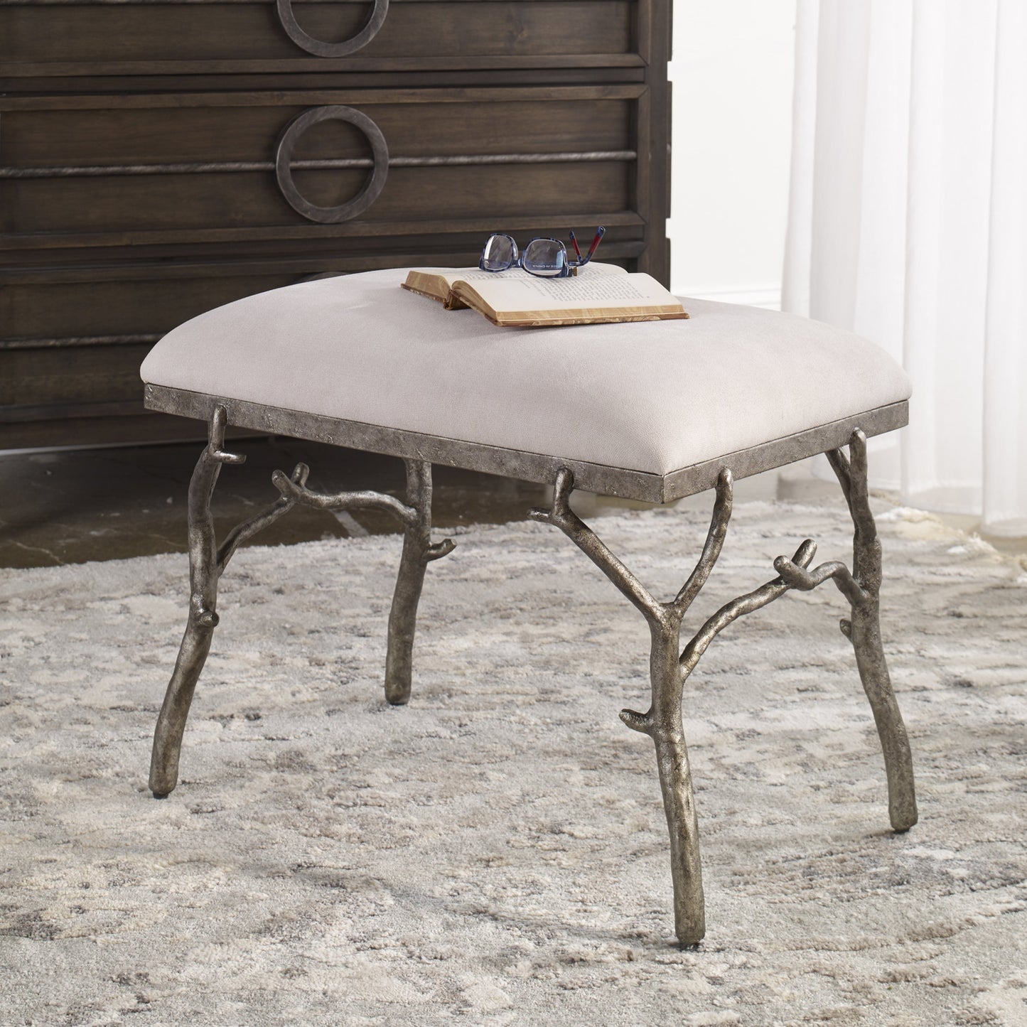 006 SR-766713 | Lifestyle | Lismore Fabric Bench by Uttermost. Made from iron, resin, linen, plywood in a rustic style.
