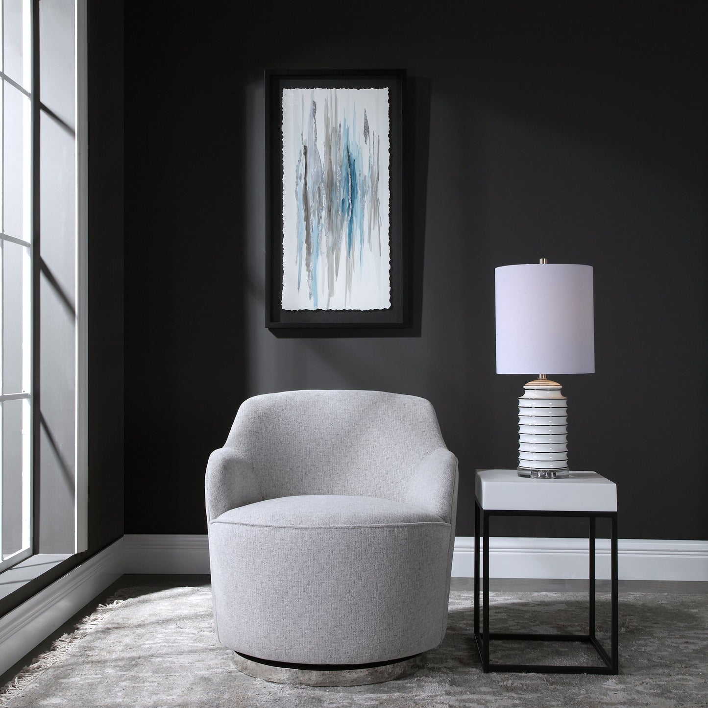 010 SR-766710 | Lifestyle | Hobart Casual Swivel Chair by Uttermost. Made from plywood, stainless steel, fabric, foam in a modern style.