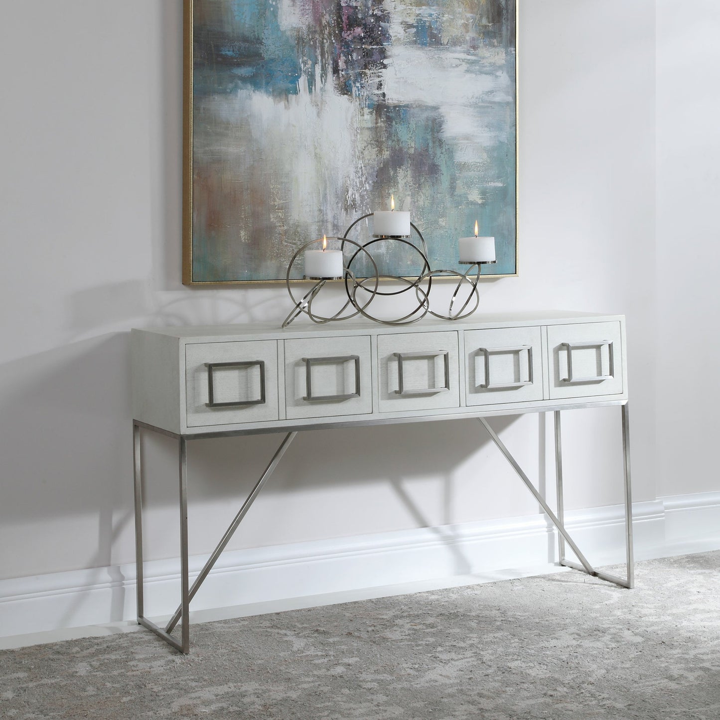 008 SR-801645 | Lifestyle | Abaya Console Table by Uttermost in white. Made from mdf, stainless steel, oak veneer in a modern style.
