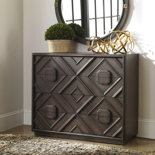 Mindra Drawer Chest by Uttermost. Made from solid wood carb phase 2 with mindi veneer, plywood in a modern style.