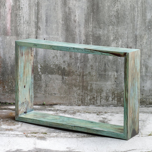 Teo Console Table by Uttermost in caribbean blue green. Made from solid wood in a eclectic & global style.