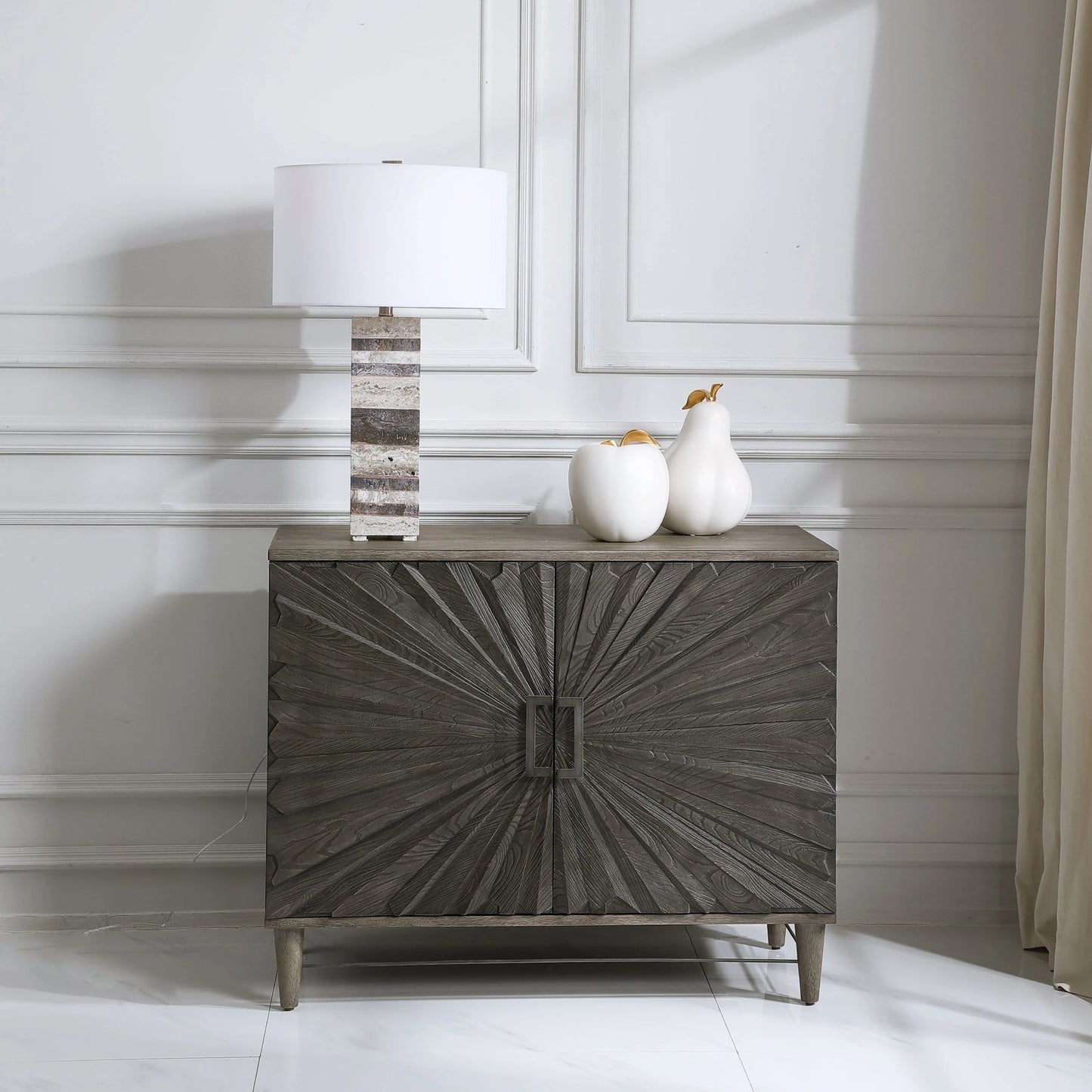 010 SR-824200 | Lifestyle | Shield Cabinet by Uttermost in gray. Made from rubber wood, oak veneer, mdf, particle board, steel in a eclectic & global style.