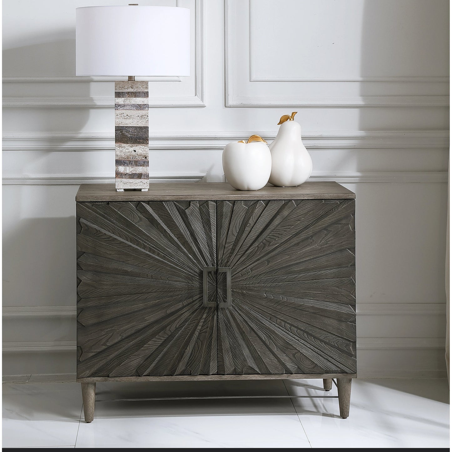 011 SR-824200 | Lifestyle | Shield Cabinet by Uttermost in gray. Made from rubber wood, oak veneer, mdf, particle board, steel in a eclectic & global style.