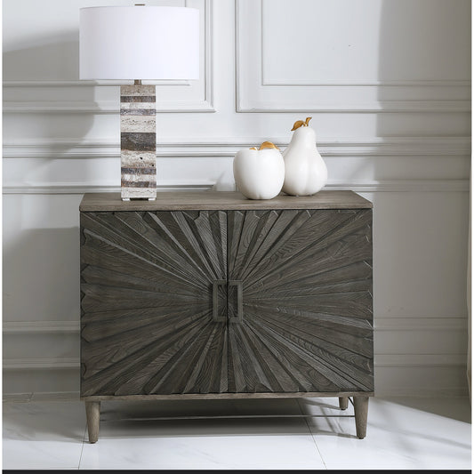 Shield Cabinet by Uttermost in gray. Made from rubber wood, oak veneer, mdf, particle board, steel in a eclectic & global style.