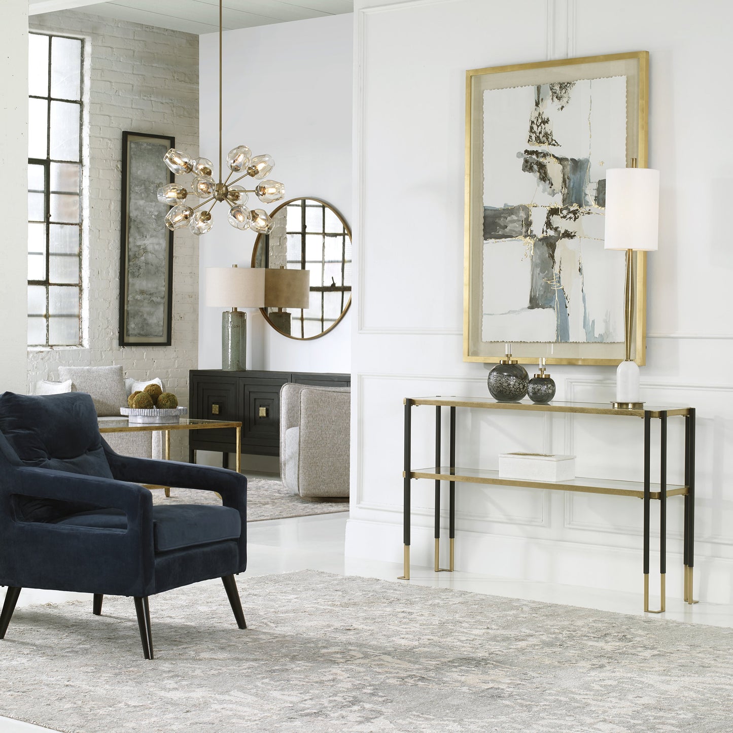 007 SR-824191 | Lifestyle | Kentmore Modern Console Table by Uttermost in matte black, brushed gold. Made from iron, glass in a transitional style.
