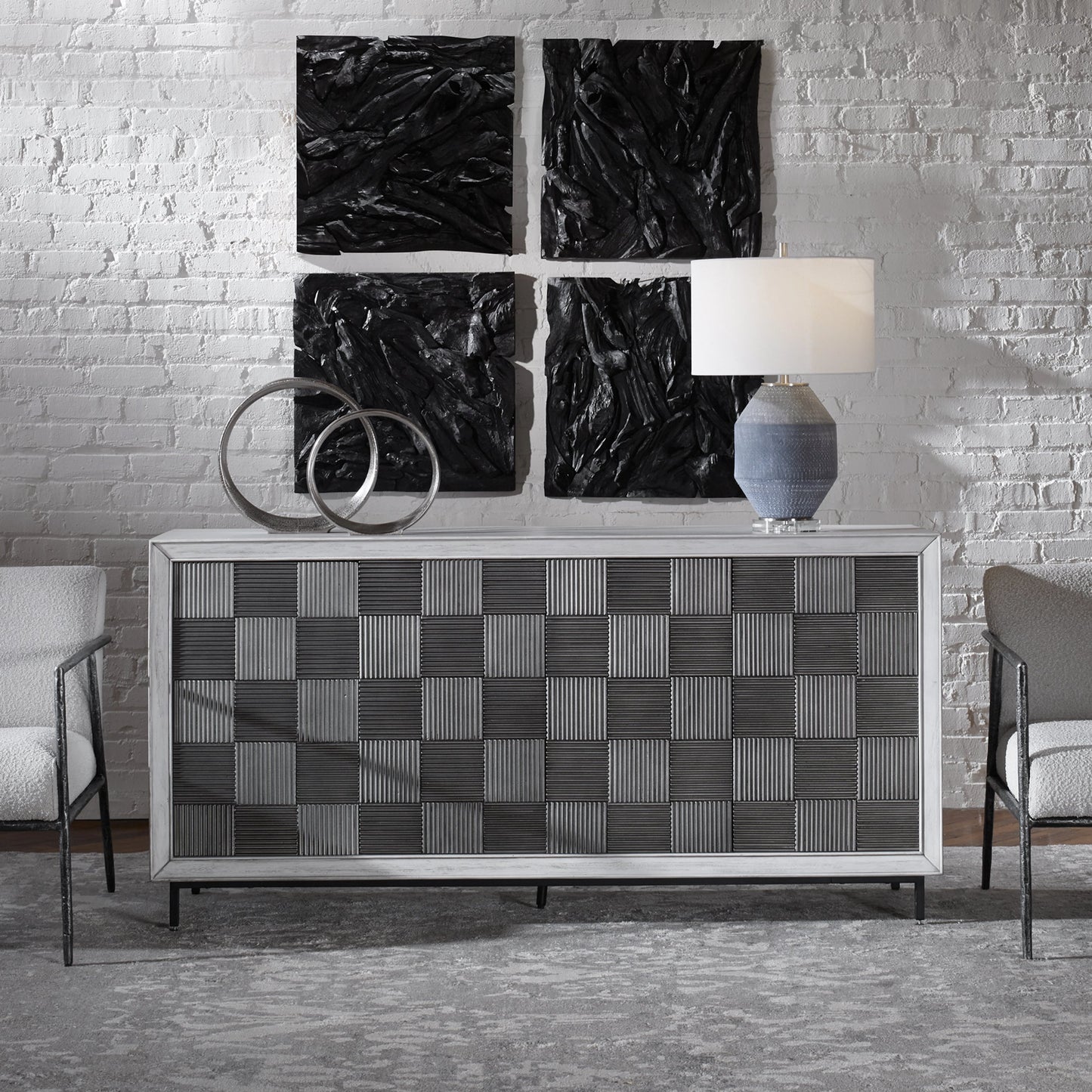 004 SR-897251 | Lifestyle | Checkerboard Cabinet by Uttermost in gray. Made from mahogany wood with tsca title vi, iron in a modern style.