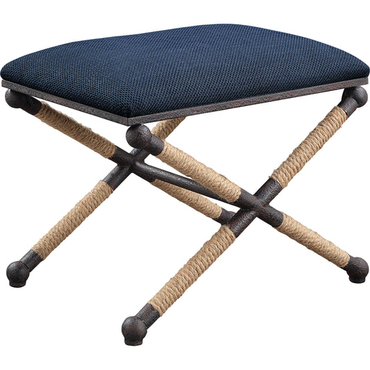 Firth Small Bench by Uttermost in navy. Made from iron, mdf, foam, rope, linen in a coastal style.