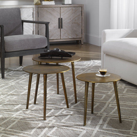 Kasai Coffee Tables (Set of 3) by Uttermost in oxidized antique gold. Made from aluminum in a eclectic & global style.