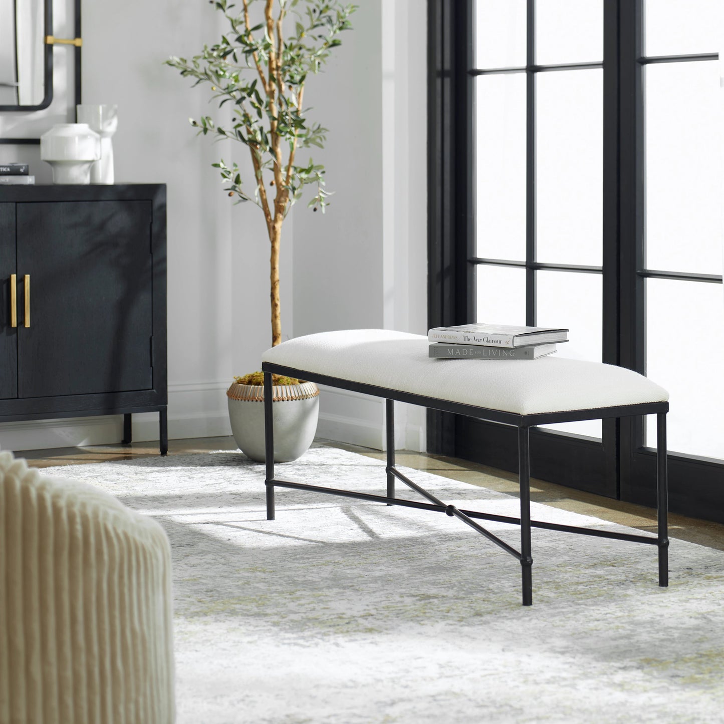 007 SI-1923674 | Lifestyle | Avenham Bench by Uttermost in satin black. Made from foam, fabric, mdf, iron in a coastal style.