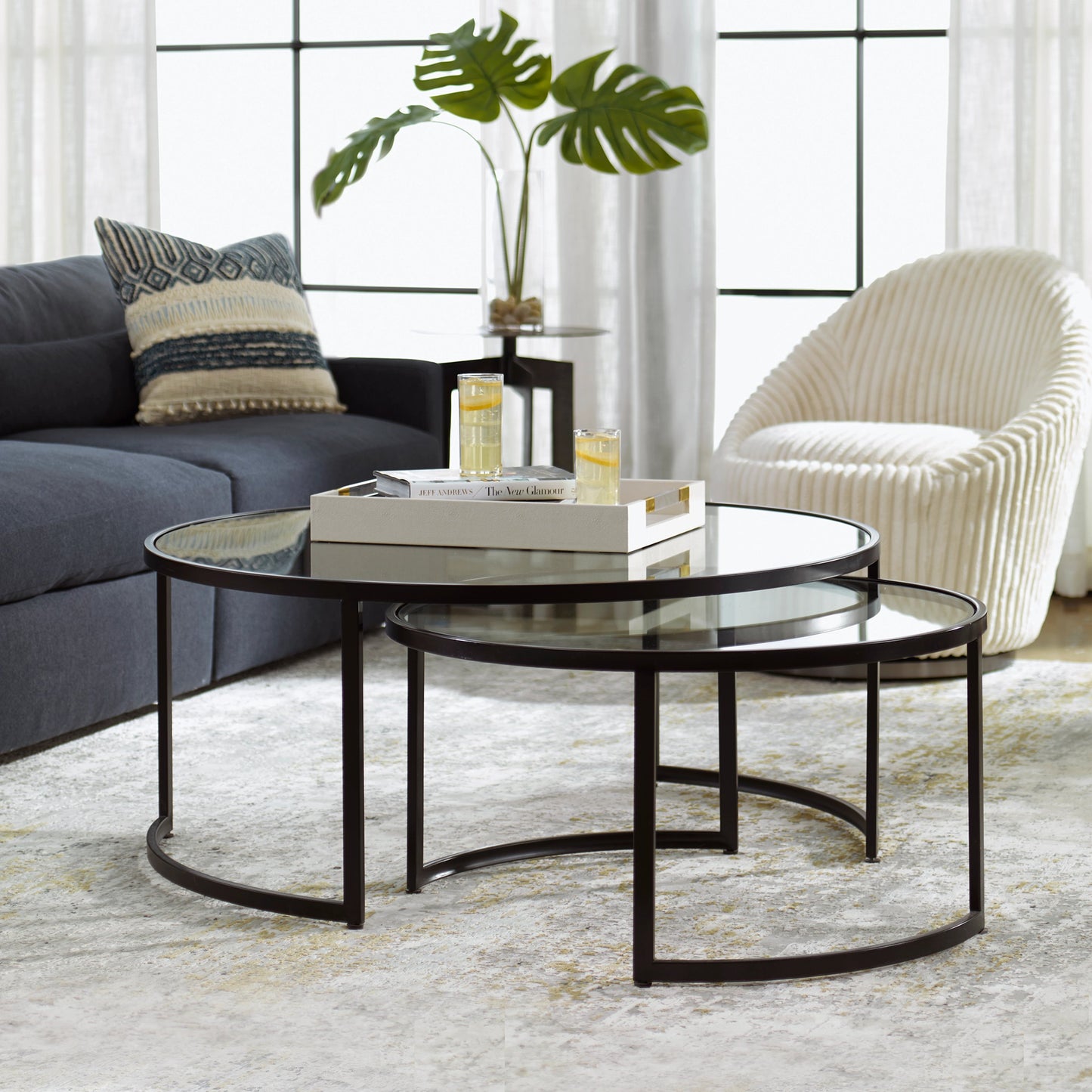 008 SI-1923708 | Lifestyle | Rhea Nesting Coffee Tables by Uttermost in satin black. Made from iron, tempered glass in a modern style.