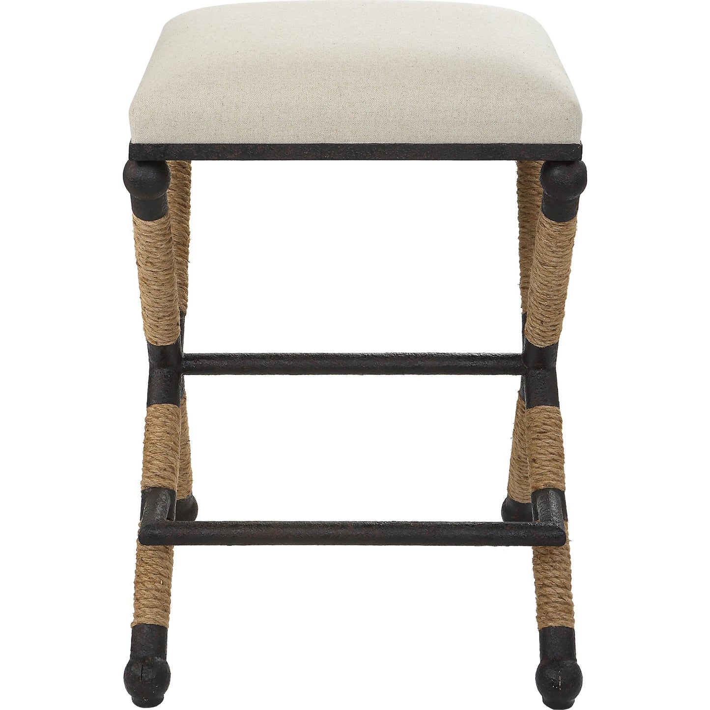 009 SI-1923686 | Additional Silo | Firth Rustic Oatmeal Counter Stool by Uttermost in black, natural. Made from mdf, farbic, iron, foam, rope in a coastal style.