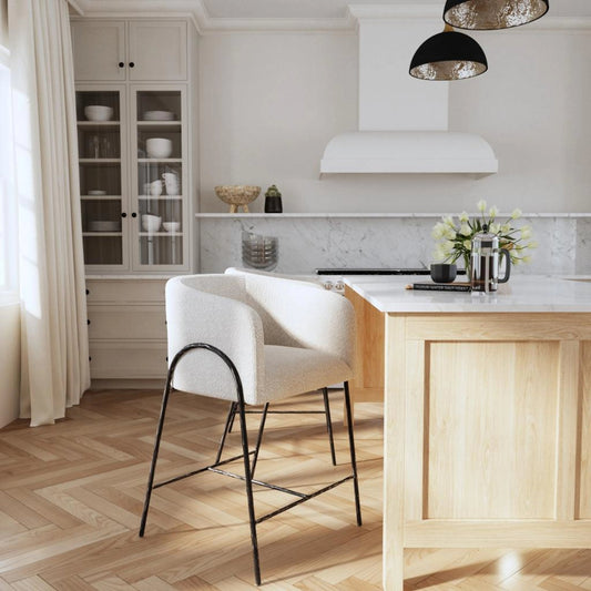 Jacobsen Counter Stool by Uttermost in ivory, warm gray and iron. Made from steel, foam, fabric, eucalyptus in a modern style.