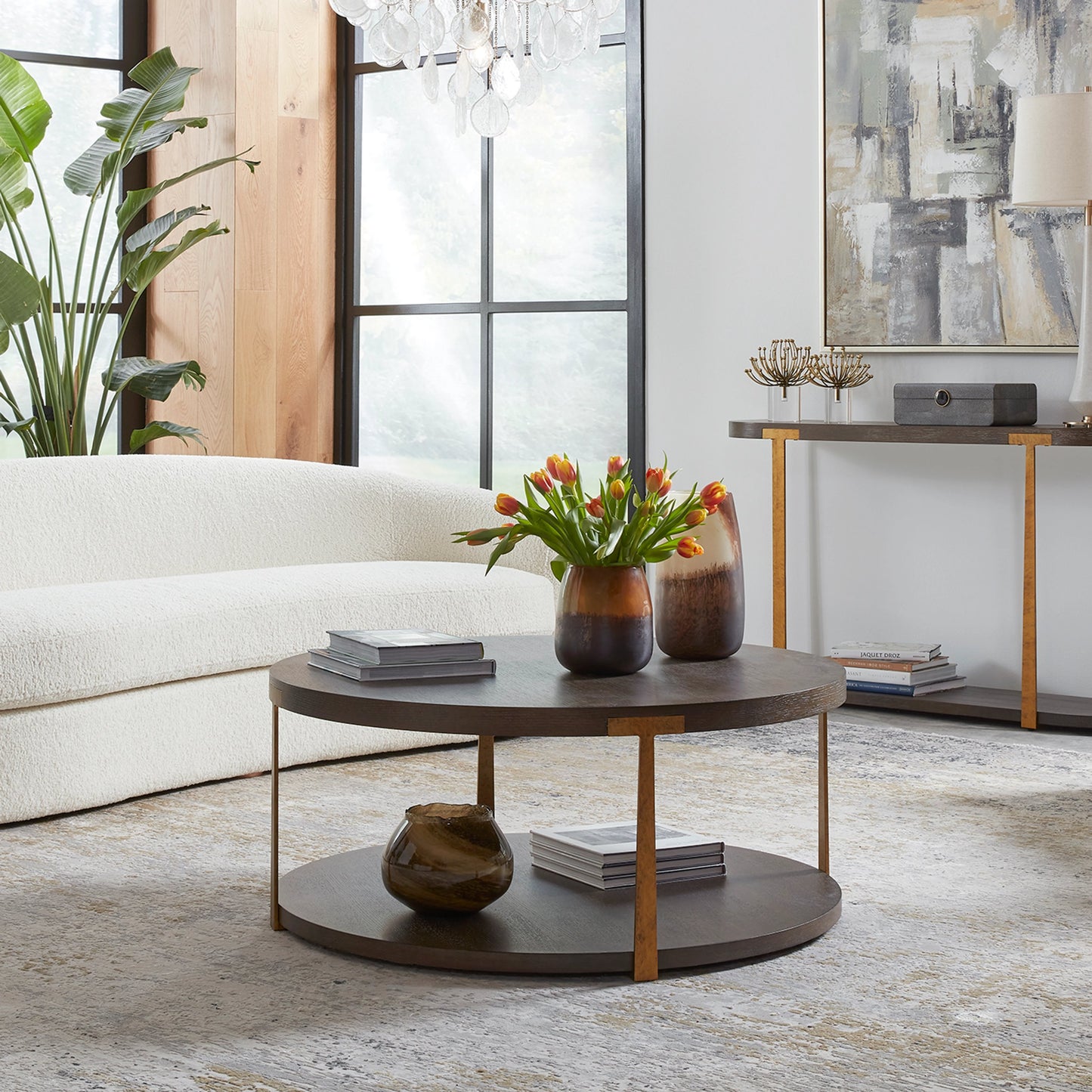 008 SI-1981380 | Lifestyle | Palisade Coffee Table by Uttermost in coffee, antique gold. Made from mdf, oak veneer, metal in a modern style.