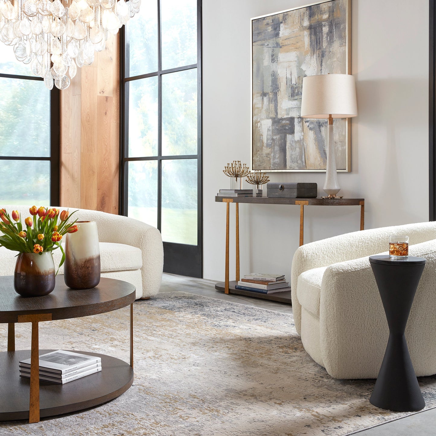 009 SI-1981381 | Lifestyle | Palisade Console Table by Uttermost in coffee, antique gold. Made from mdf, oak veneer, metal in a modern style.