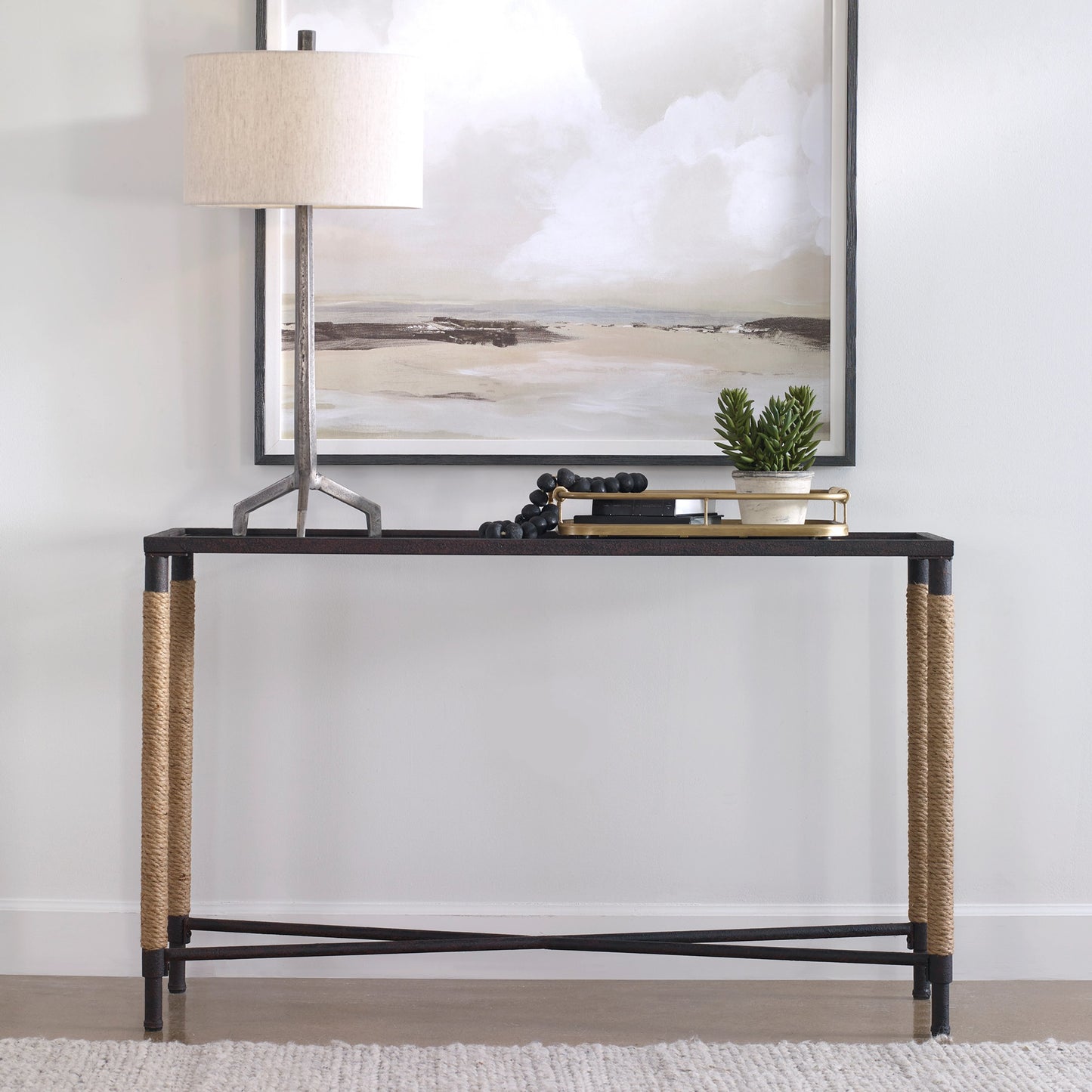 010 SI-1981284 | Lifestyle | Braddock Console Table by Uttermost in natural, iron. Made from iron, mdf, mirror, rope in a modern style.