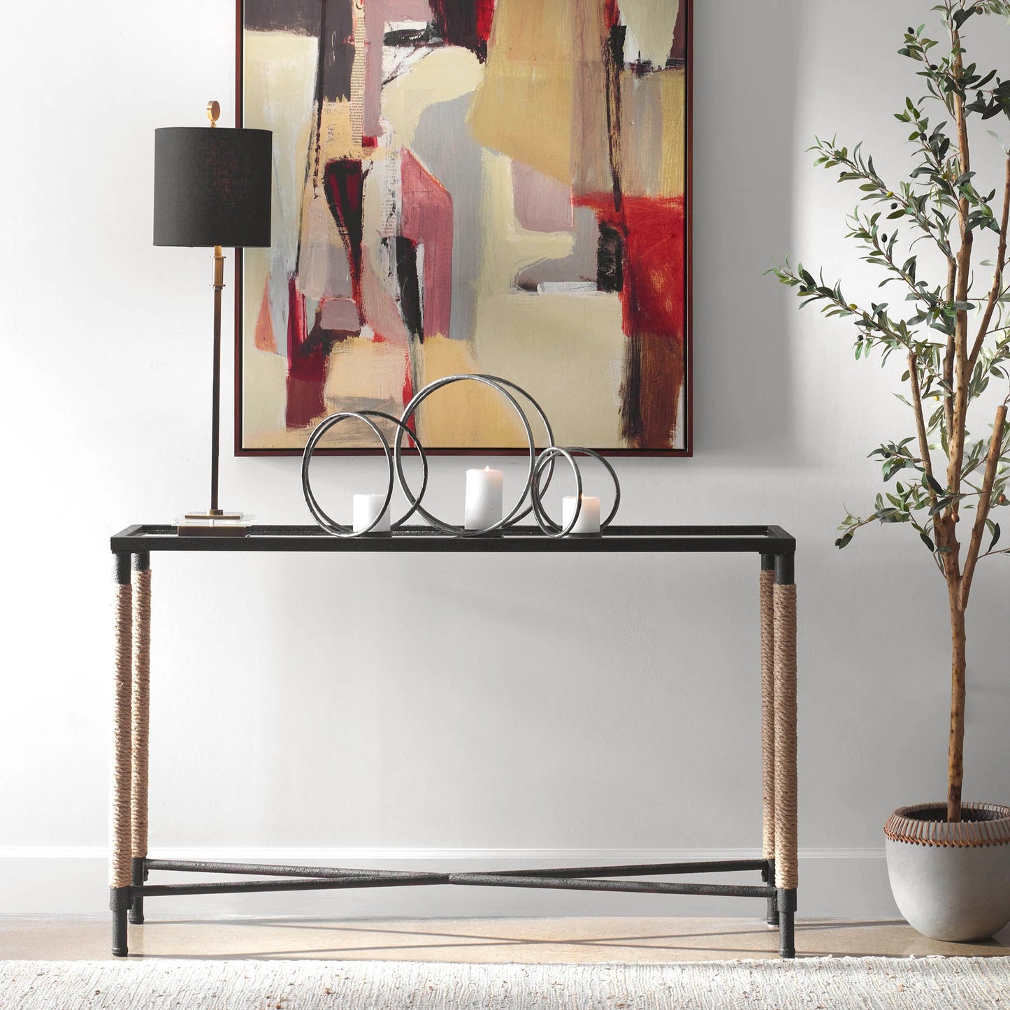 011 SI-1981284 | Lifestyle | Braddock Console Table by Uttermost in natural, iron. Made from iron, mdf, mirror, rope in a modern style.