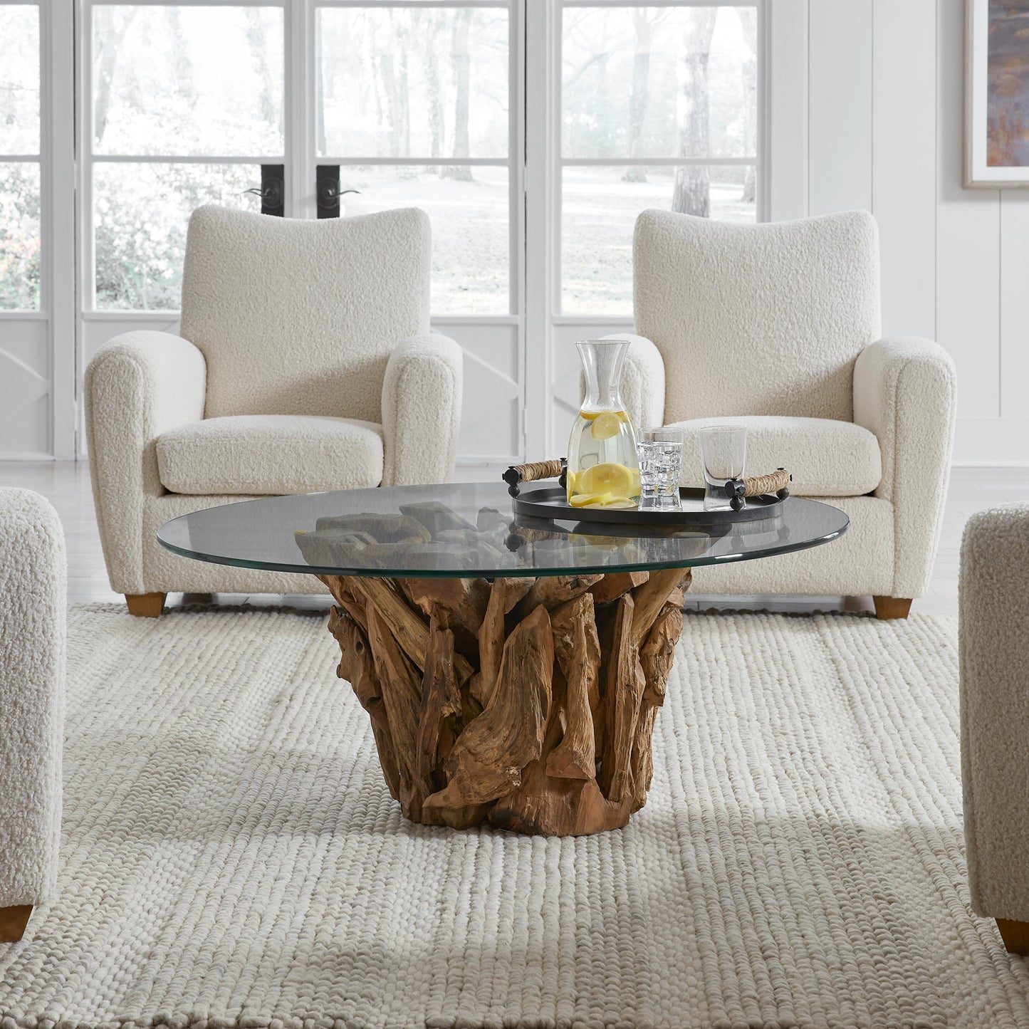 003 SI-1981280 | Lifestyle | Driftwood Coffee Table by Uttermost. Made from teak root, glass in a rustic style.