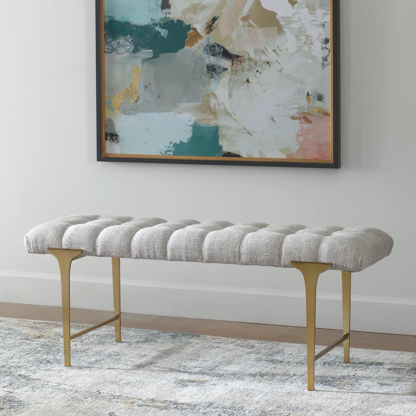 008 SI-1981333 | Lifestyle | Imperial Bench by Uttermost in light gray and satin champagne. Made from iron, mdf, polyester, foam in a modern style.
