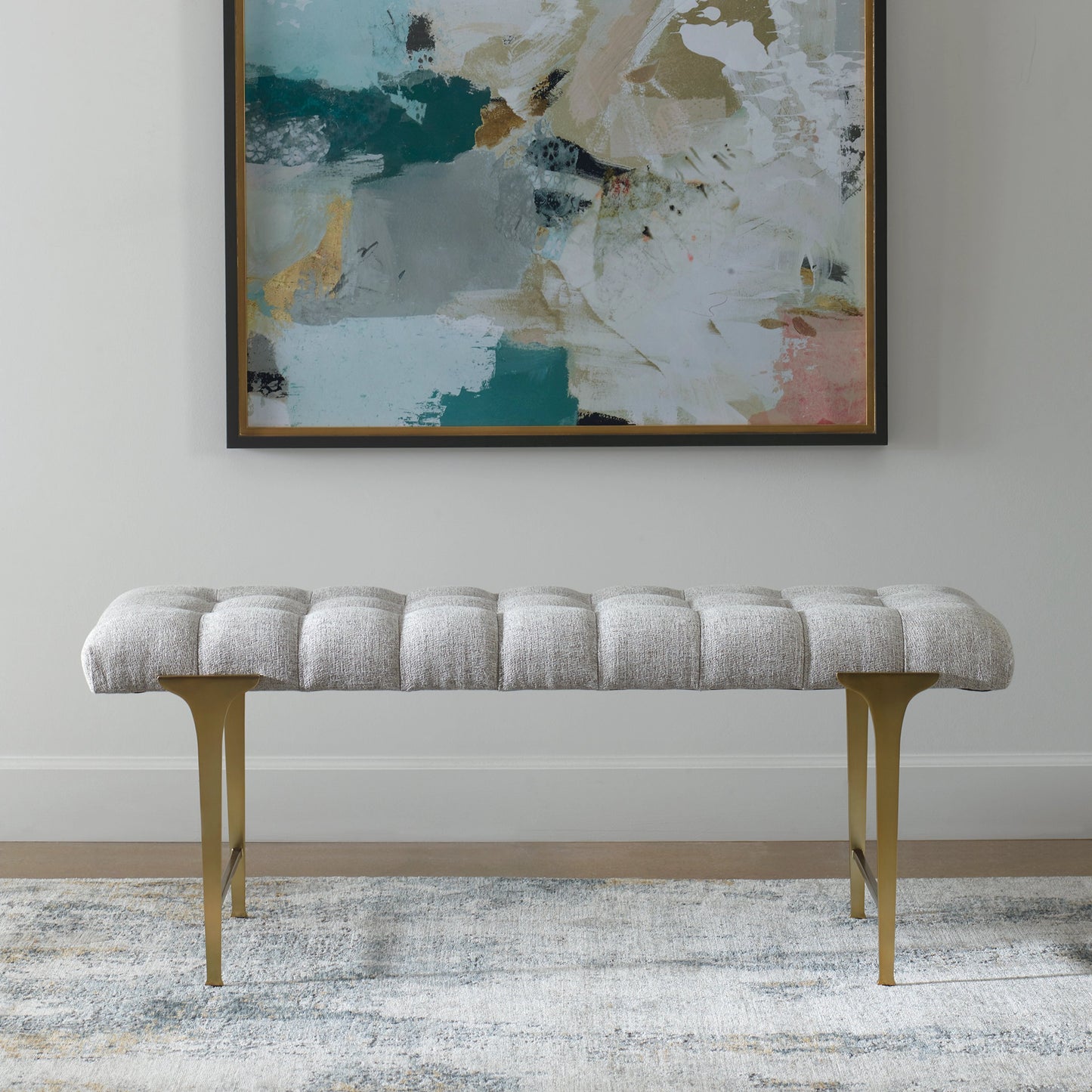 007 SI-1981333 | Lifestyle | Imperial Bench by Uttermost in light gray and satin champagne. Made from iron, mdf, polyester, foam in a modern style.