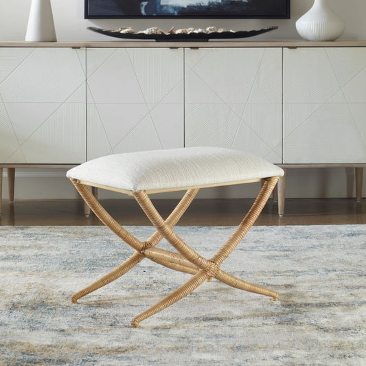 Expedition Bench by Uttermost in white. Made from iron, rattan, mdf, foam, fabric in a coastal style.