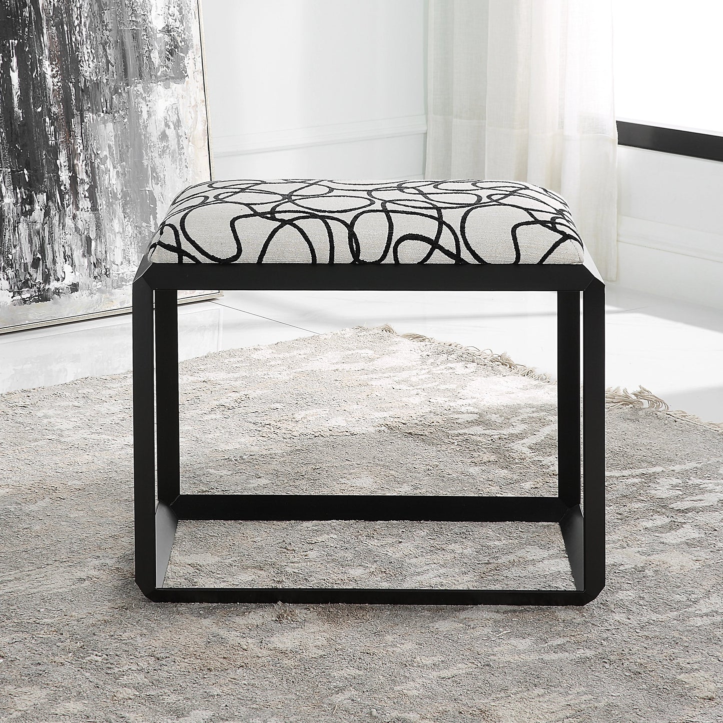 004 SI-2016442 | Additional Silo | Curls Bench by Uttermost in stone gray and satin black. Made from iron, mdf, polyester, foam in a modern style.