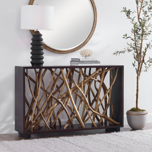 Maze Console Table by Uttermost in walnut. Made from solid mahogany wood combine with teak branch in a modern style.
