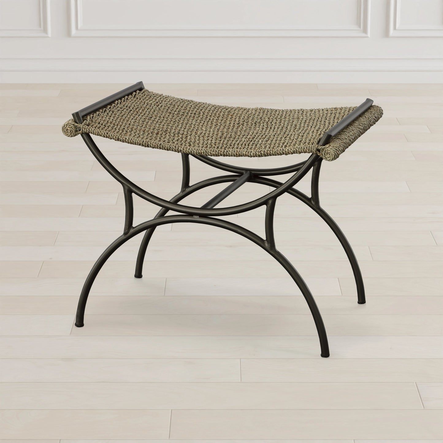 003 SI-2016443 | Lifestyle | Playa Bench by Uttermost in natural, brushed gunmetal. Made from metal with seagrass in a cottage & farmhouse style.