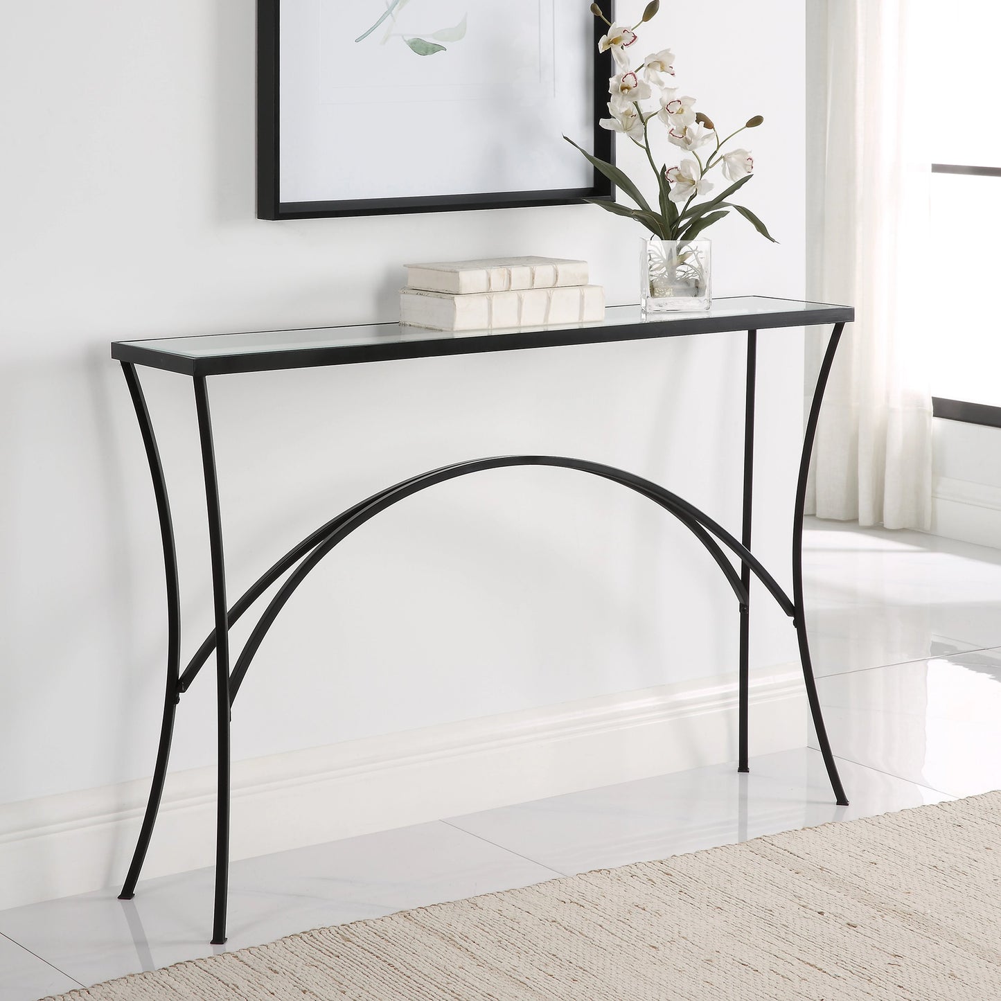 008 SI-2016433 | Lifestyle | Alayna Console Table by Uttermost in black. Made from metal, tempered glass in a modern style.