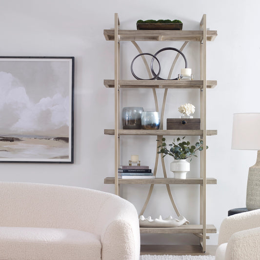 Sway Etagere by Uttermost in silver. Made from java mix wood with title tsca vi, veneer, metal in a modern style.