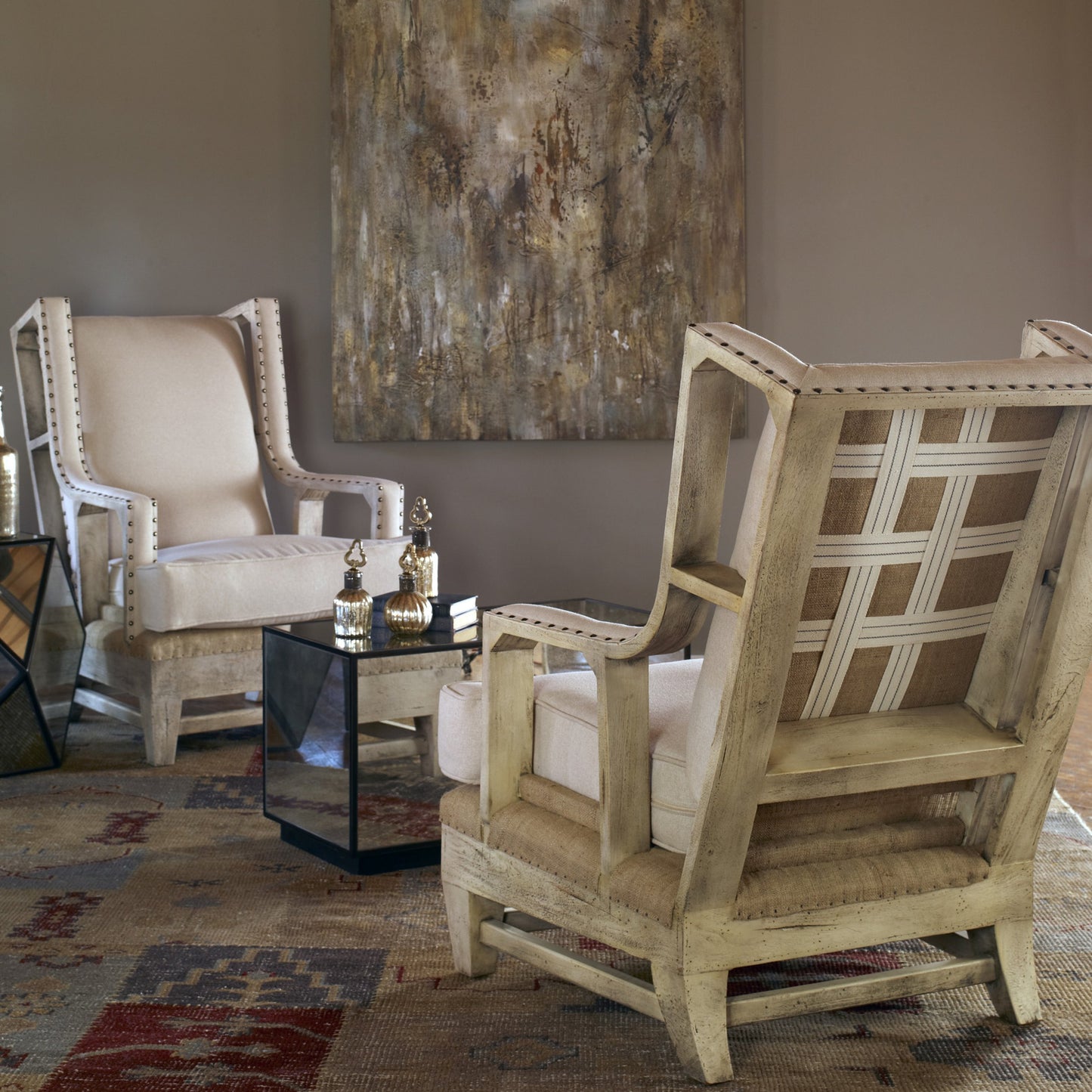 006 S-252927 | Lifestyle | Schafer Armchair by Uttermost. Made from mahogany wood with foam, fabric in a cottage & farmhouse style.