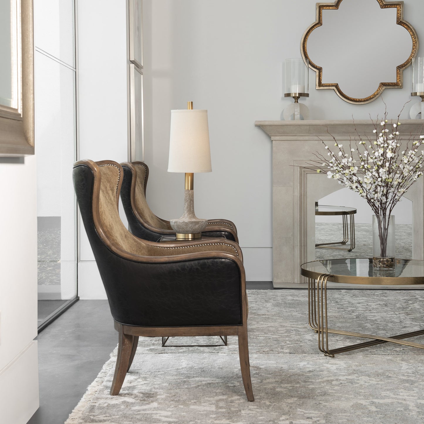 011 S-252824 | Lifestyle | Snowden Tan Wing Chair by Uttermost. Made from wood, foam, fabric, pu leather in a cottage & farmhouse style.