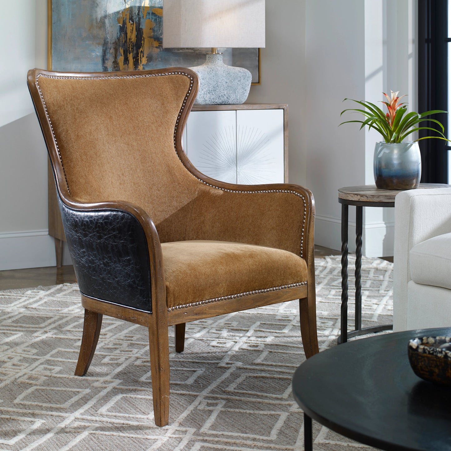 012 S-252824 | Lifestyle | Snowden Tan Wing Chair by Uttermost. Made from wood, foam, fabric, pu leather in a cottage & farmhouse style.