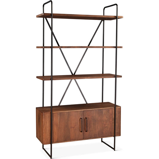Halden Tall Bookshelf by World Interiors in brown and pecan brown, matte black. Made from mango wood in a transitional style.