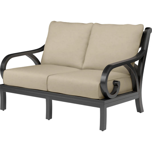Monterey Outdoor Loveseat in Linen Stone w/ Selt Welt by Sunset West in coppers. Made from aluminum in a cottage & farmhouse style.