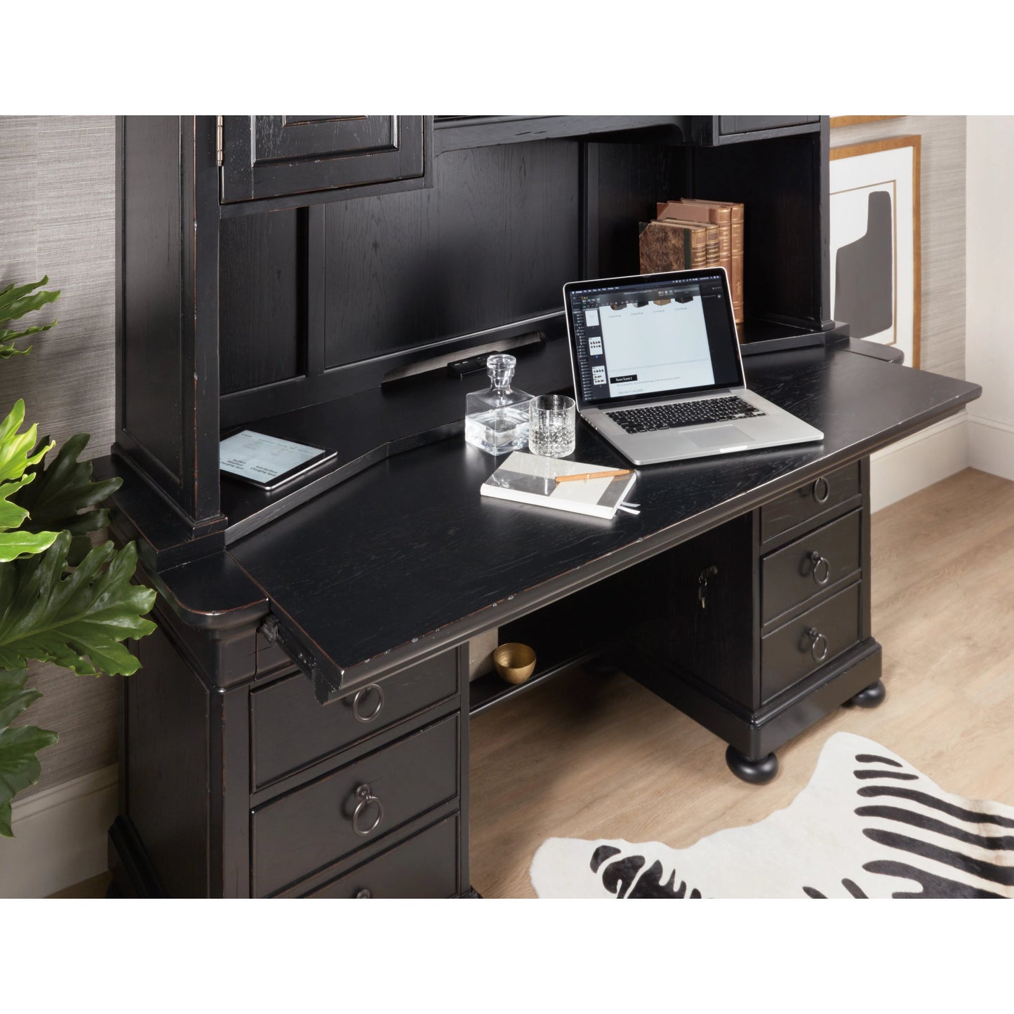 007 SI-1748465 | Lifestyle | Bristowe Computer Credenza by Hooker Furniture in tuxedo black. Made from pecan veneers in a unique style.