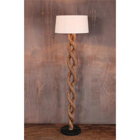 Heritage Rope Floor Light by World Interiors in brown and matte black. Made from marble, fabric, rope, iron in a rustic style.