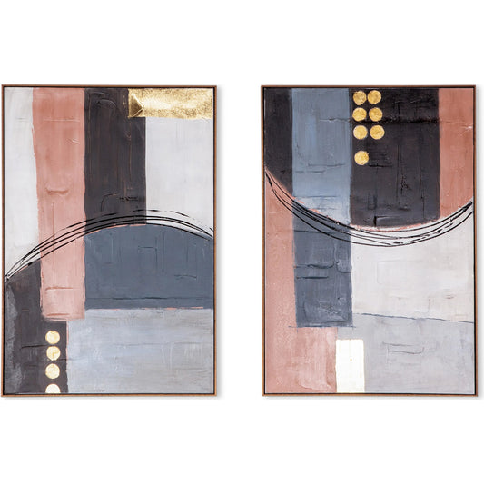 001 SI-2445168 | Primary Silo | Abstract Horizons Hand Painted Framed Diptych by World Interiors in blue, black, gold, white, pink. Made from canvas fabric in a eclectic & global style.