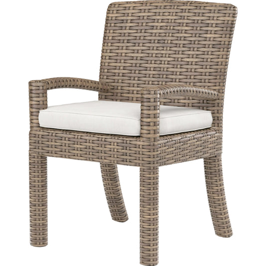 Havana Outdoor Dining Arm Chair by Sunset West in tobacco. Made from resin wicker in a modern style.