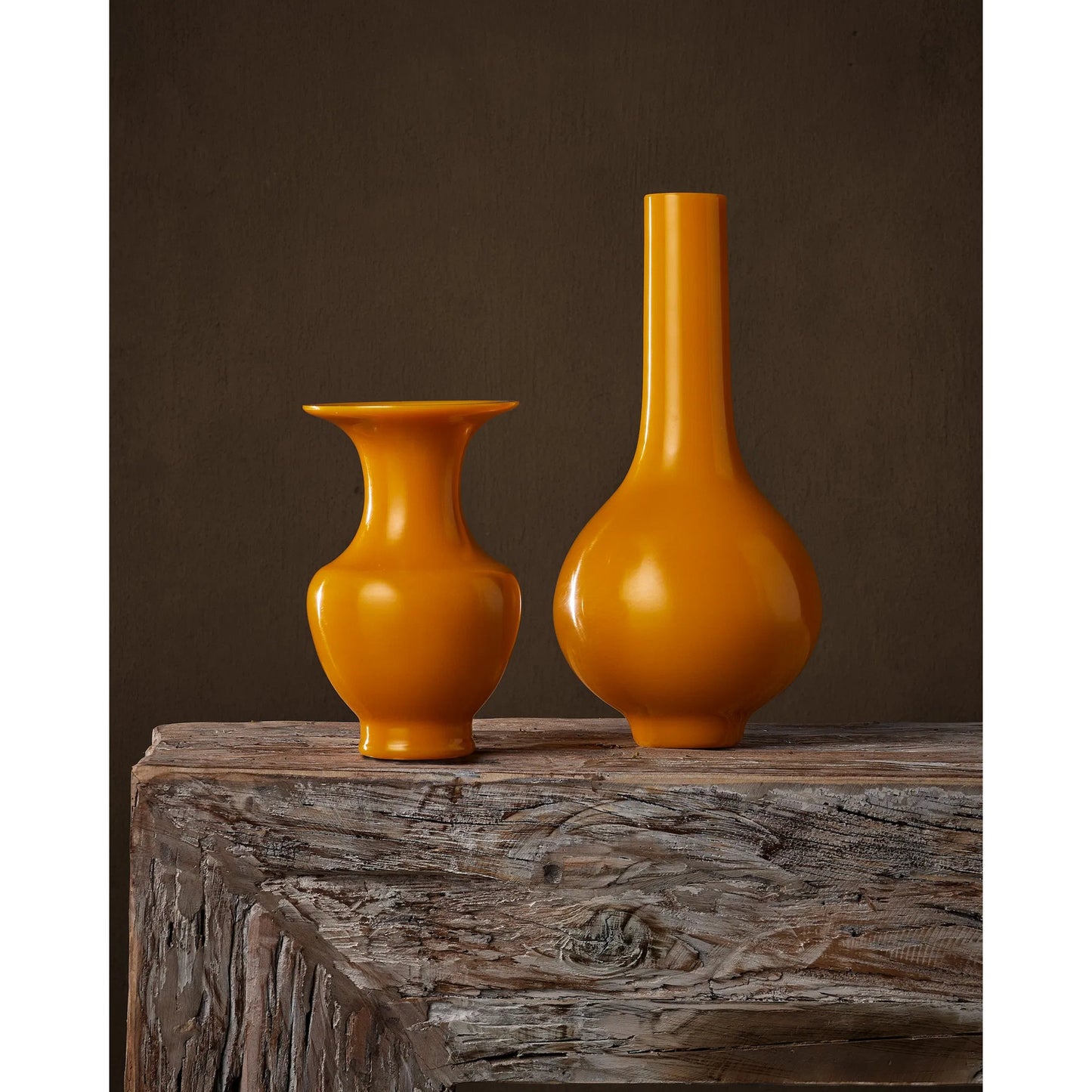 005 SI-2007842 | Lifestyle | Imperial Yellow Peking Long Neck Vase by Currey and Company in imperial yellow. Made from glass in a modern style.