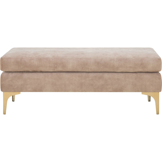 Benjamin Dining Bench by Galey Alix x Livabliss in almond. Made from polyester, brass, polyester wrapped foam in a transitional style.