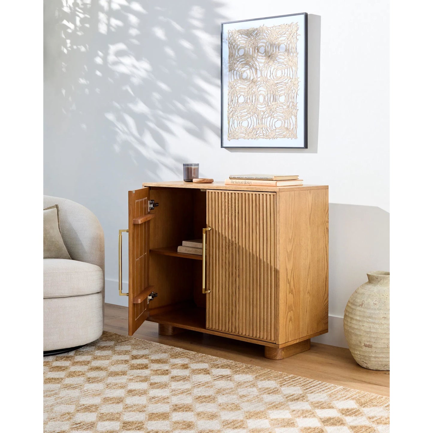 002 SI-2258390 | Lifestyle | Charlye Cabinet by Livabliss in top: brown; base: brown and natural, lacquered. Made from ash wood veneer, plywood, rubber wood in a transitional style.