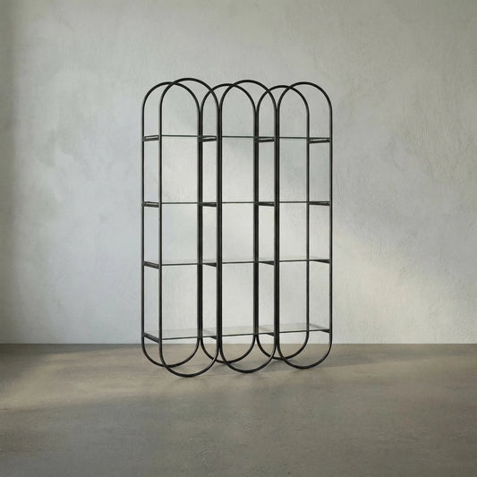 Ulla Bookcase by Noir in matte black. Made from industrial steel, glass in a modern style.